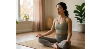 a person sitting on a mat practicing yoga breathing techniques